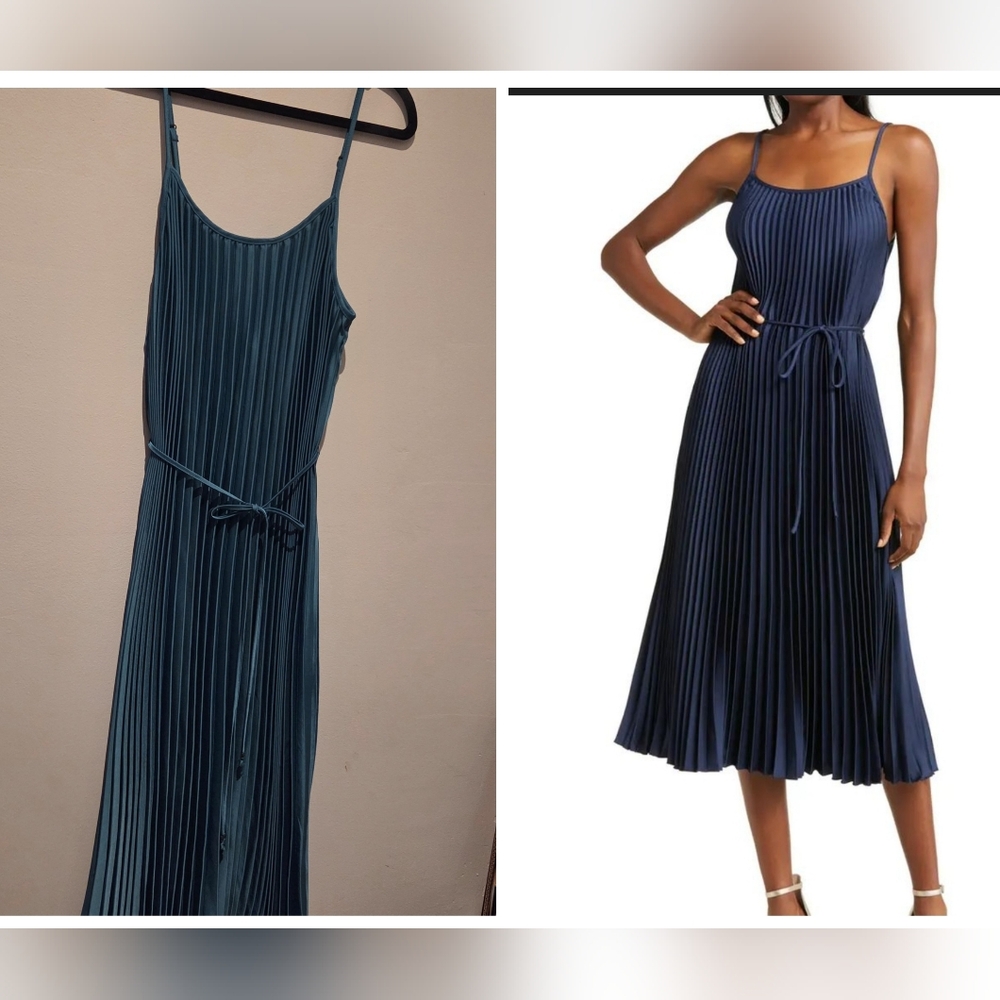 NWT Sam Edelman Industrial Green Satin Plisse Pleated Midi Dress Size M
